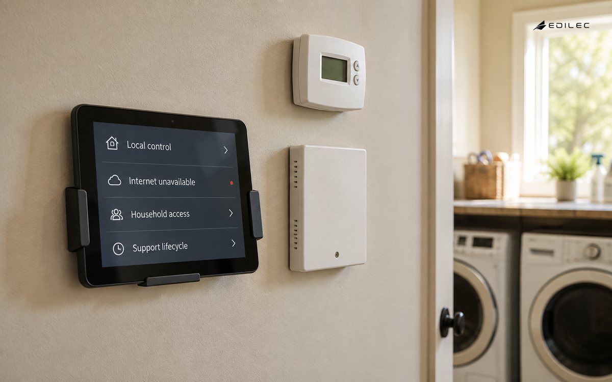 Wide photo of an ordinary home utility nook with generic thermostat, closed hub enclosure and small opaque tablet secured in a wall cradle.