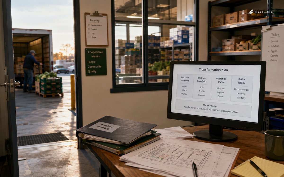 A distribution-office monitor connects cloud transformation with platform and operating decisions.