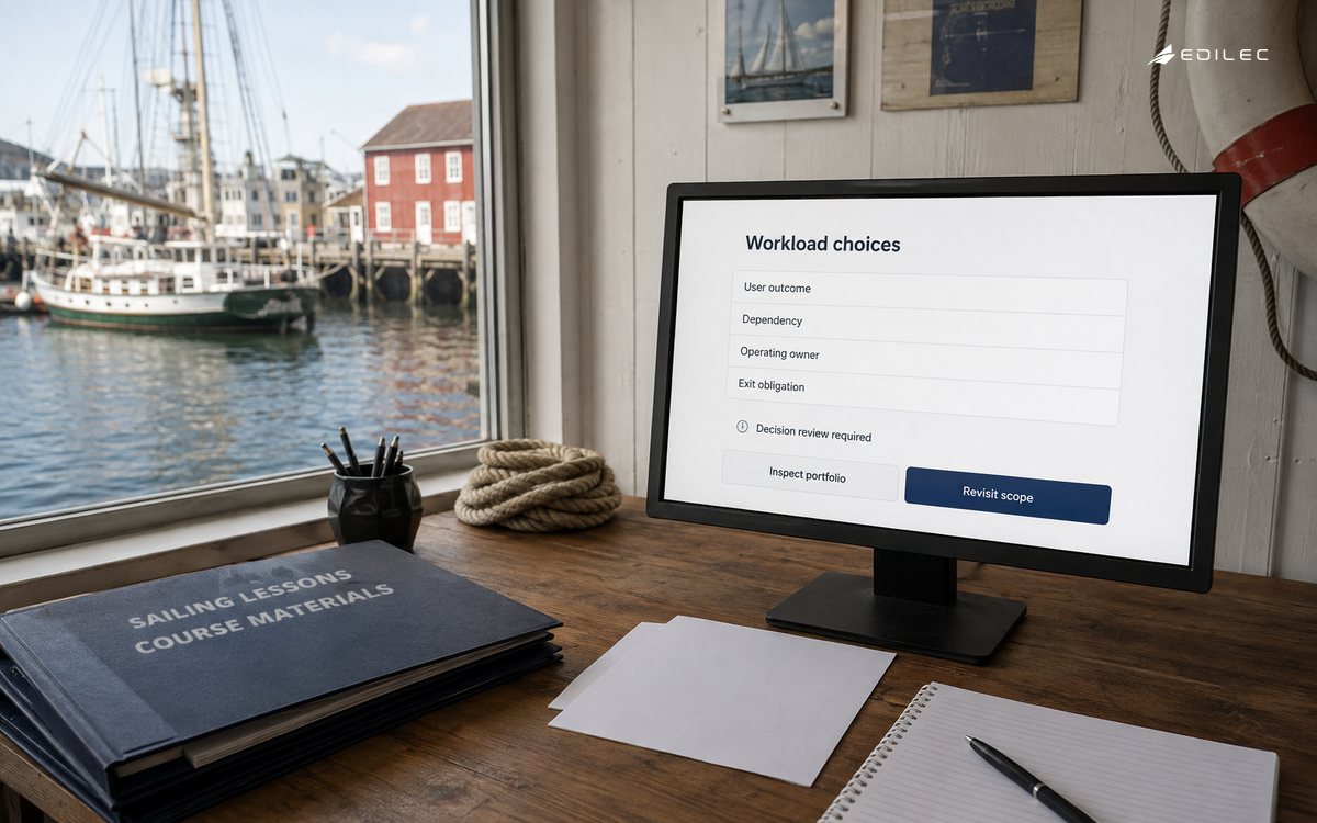 A harbor-side service office reviews workload outcomes, dependencies and ownership before cloud transformation.