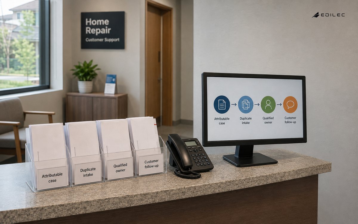 Wide photo of an empty home-repair customer support reception, plain intake envelopes, phone and small conventional opaque monitor.