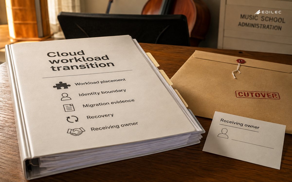 Paper-only close photo of a cloud workload transition binder on a music school administration table, cutover envelope and ownership card.