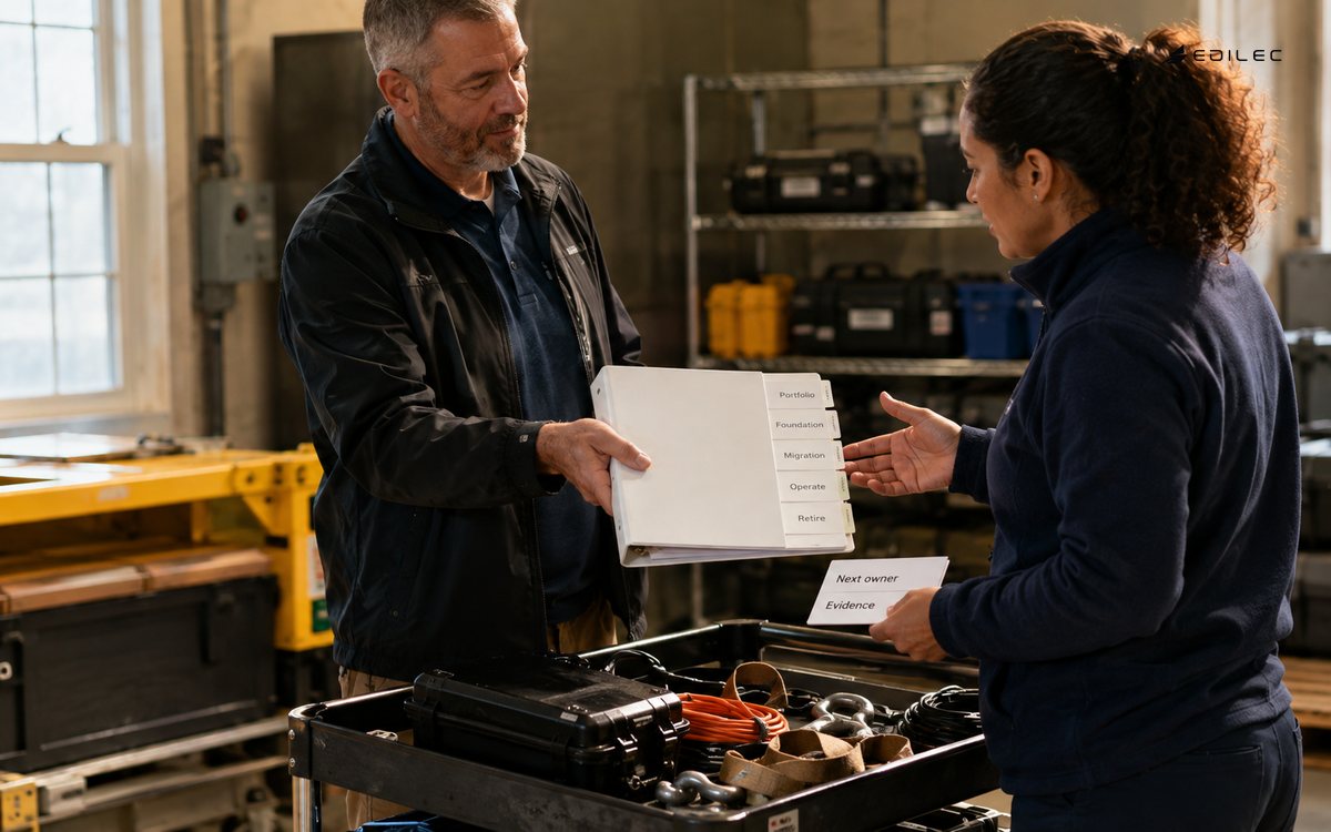 Colleagues transfer a service binder spanning cloud delivery through retirement.