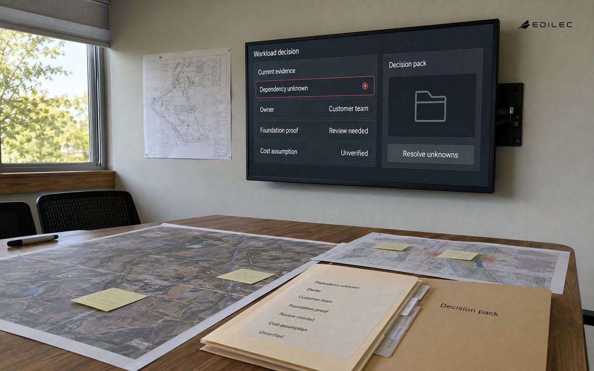 An advisory room keeps dependency and cost uncertainties visible in a workload decision pack.