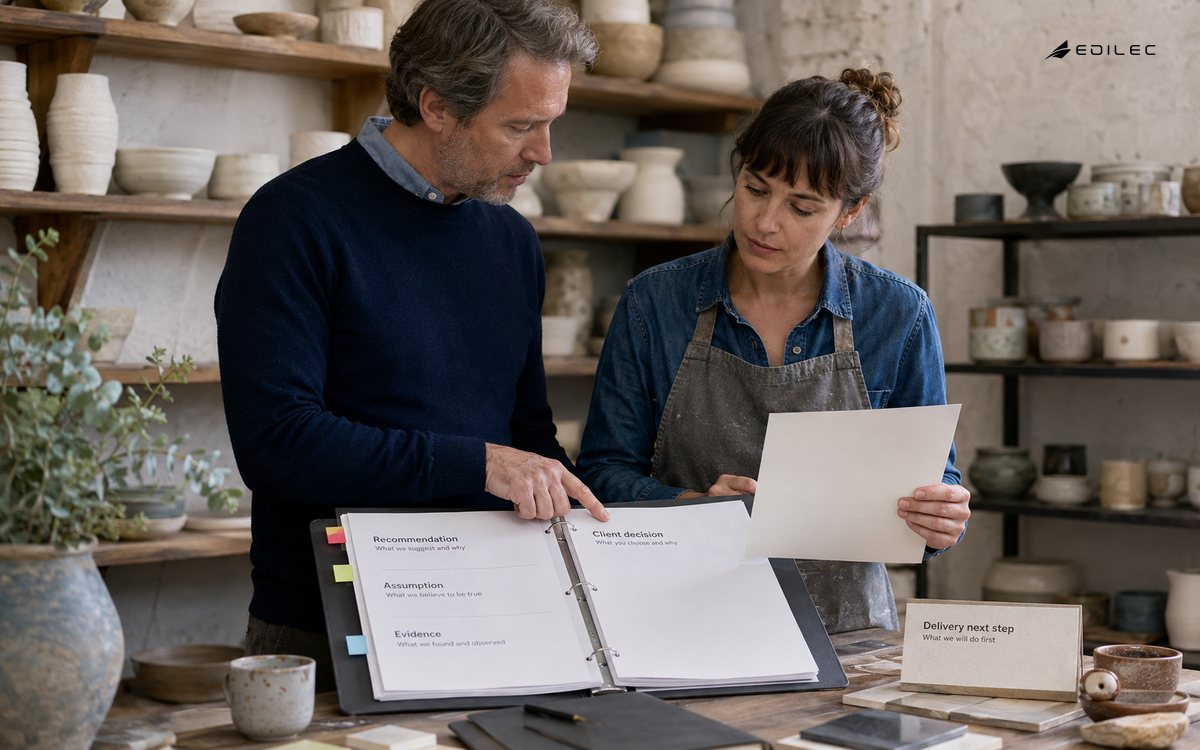 An advisor and client review evidence and assumptions in a planning studio.