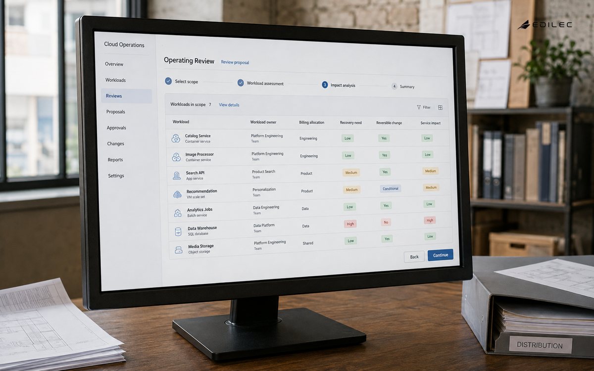 A publishing-office monitor reviews a cloud cost proposal alongside service and recovery needs.
