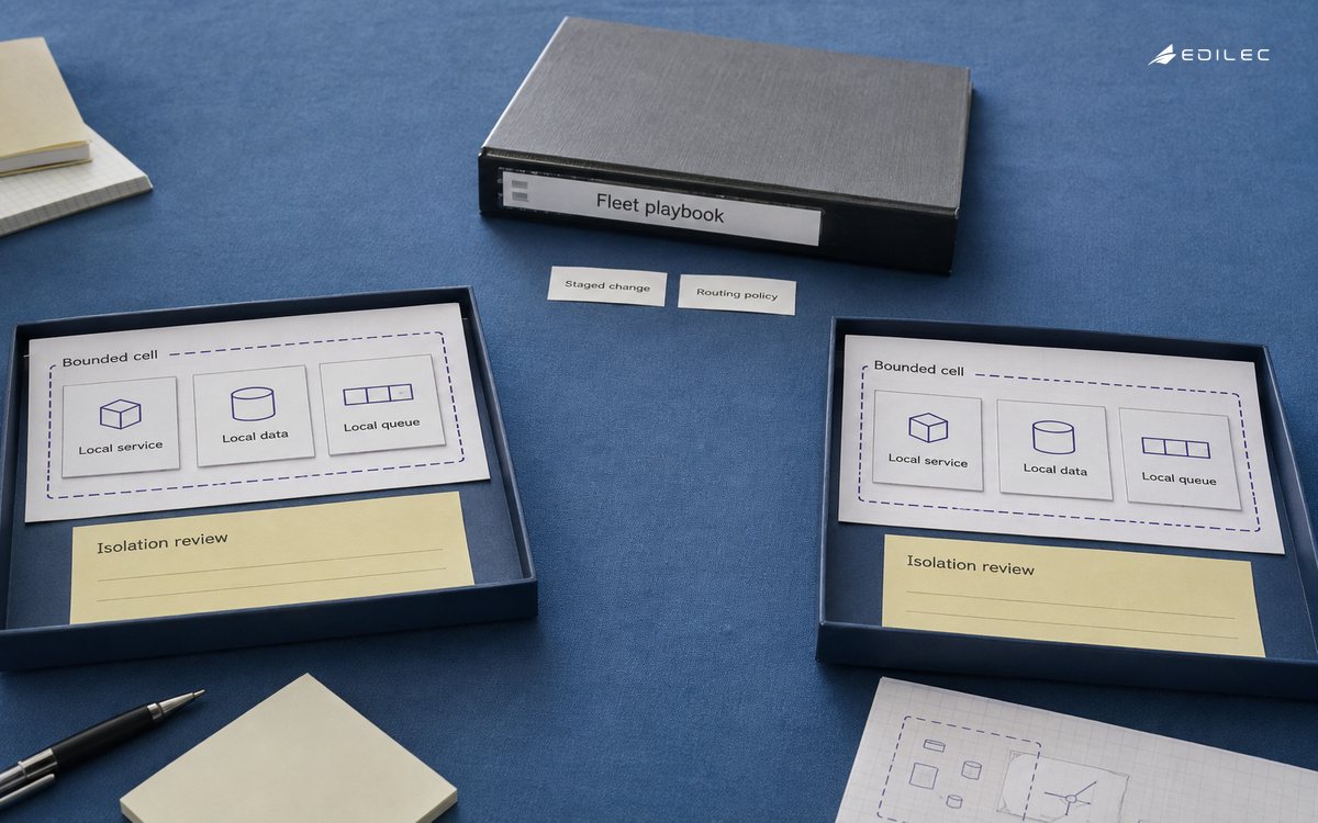 Separate cell trays retain local service, data and queue cards beneath a common fleet playbook.