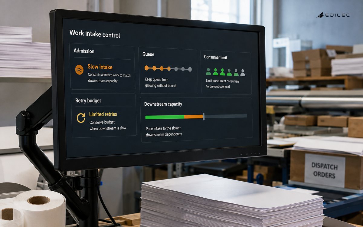 A dispatch-room monitor connects work admission and consumer limits to downstream capacity.