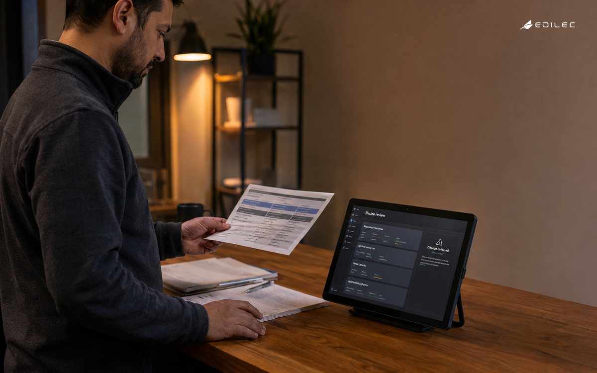 A standing platform engineer comparing a capacity worksheet with a small tablet in a quiet animation rendering room.