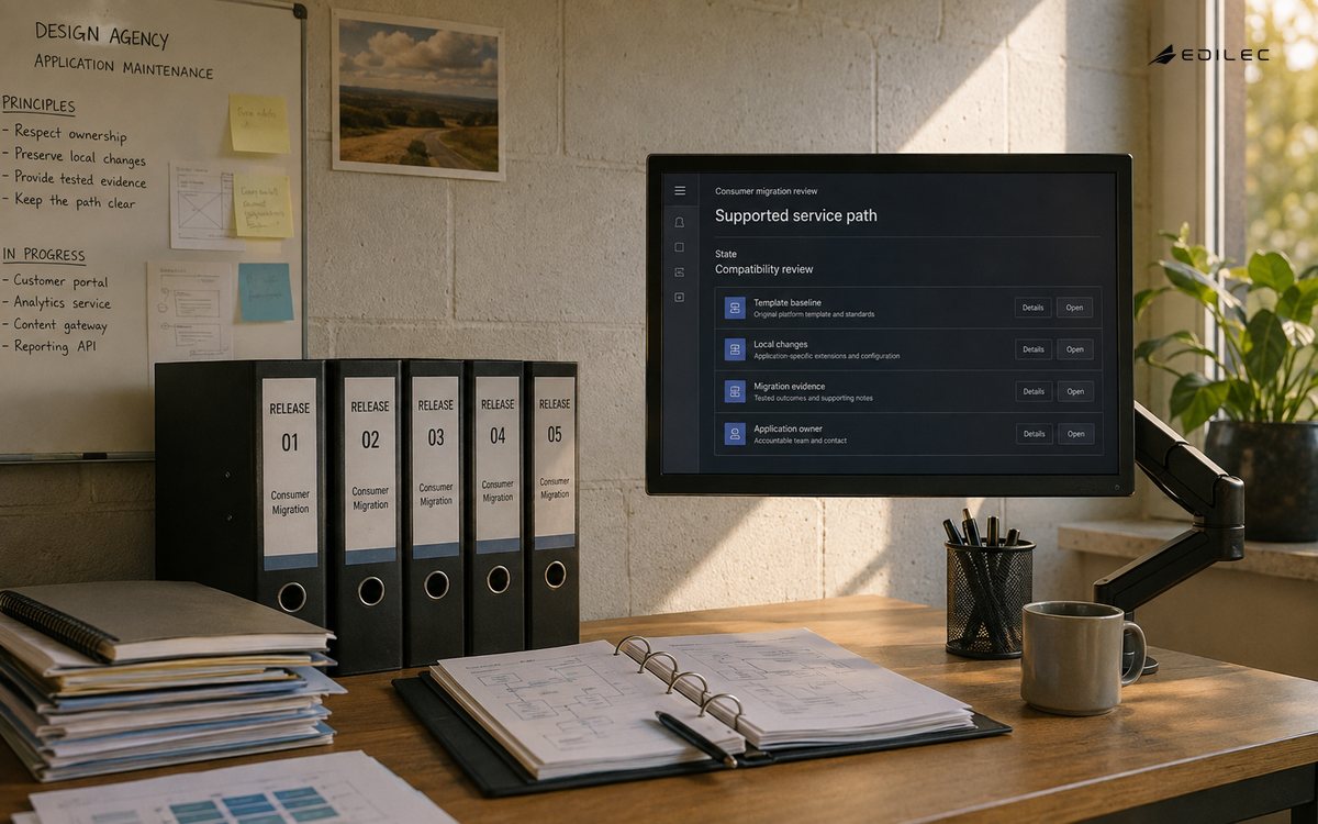 A design agency application maintenance corner with release binders and a modest monitor on arm.