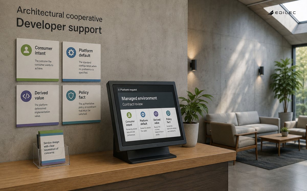 An architectural cooperative developer support corner with service-design cards and a modest terminal.