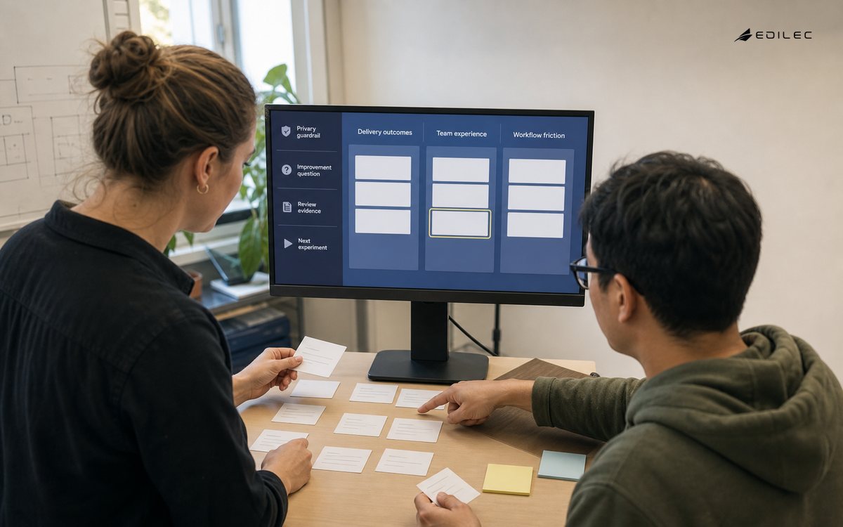 A software team facilitator and engineer sort anonymous team-experience cards next to a monitor in a university computing office.
