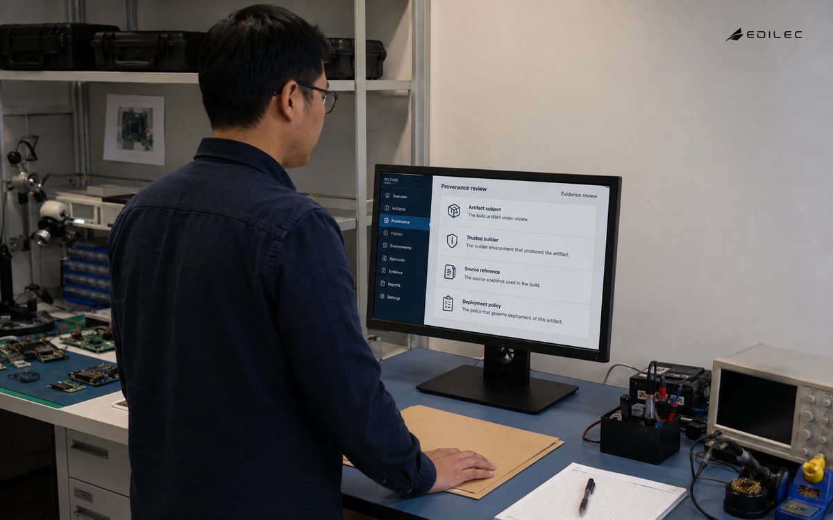 A standing engineer reviews provenance claims at a release workstation.