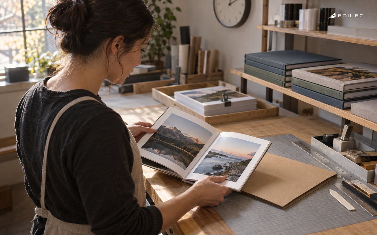 A photo-book worker inspects a finished book while unfinished material remains in a separate tray.