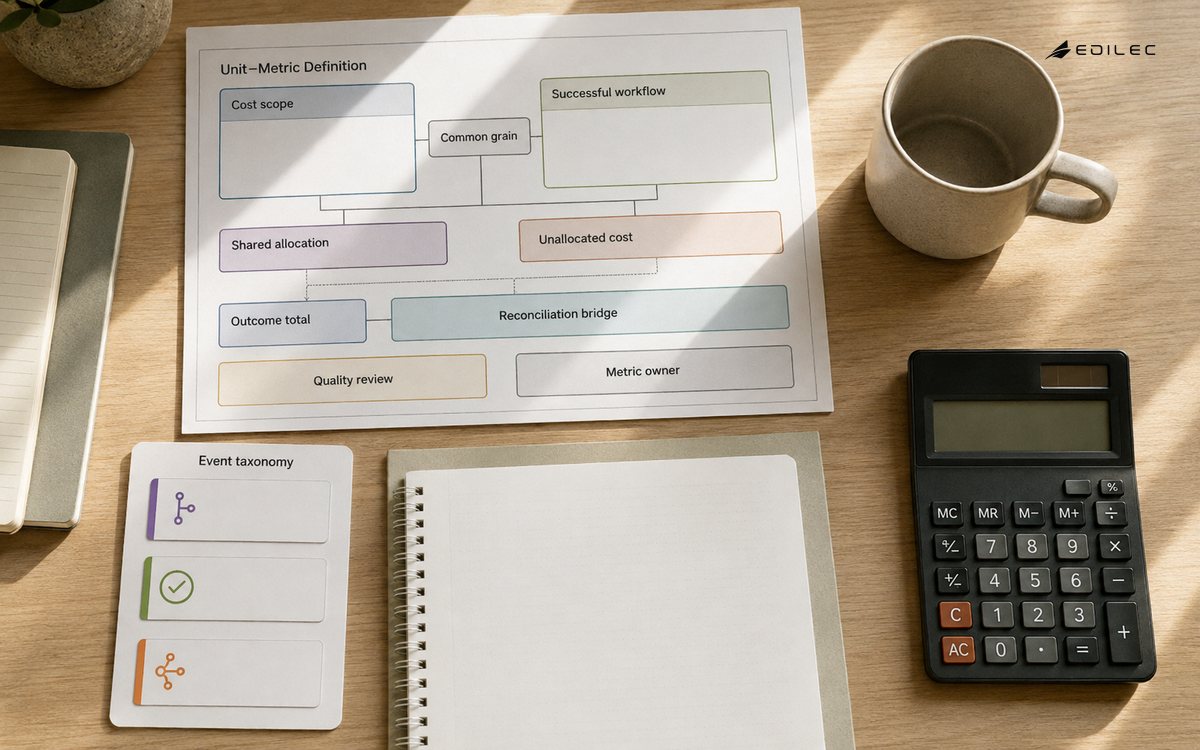 An operations finance table holds a unit-metric definition worksheet, event taxonomy cards and a blank-display calculator.