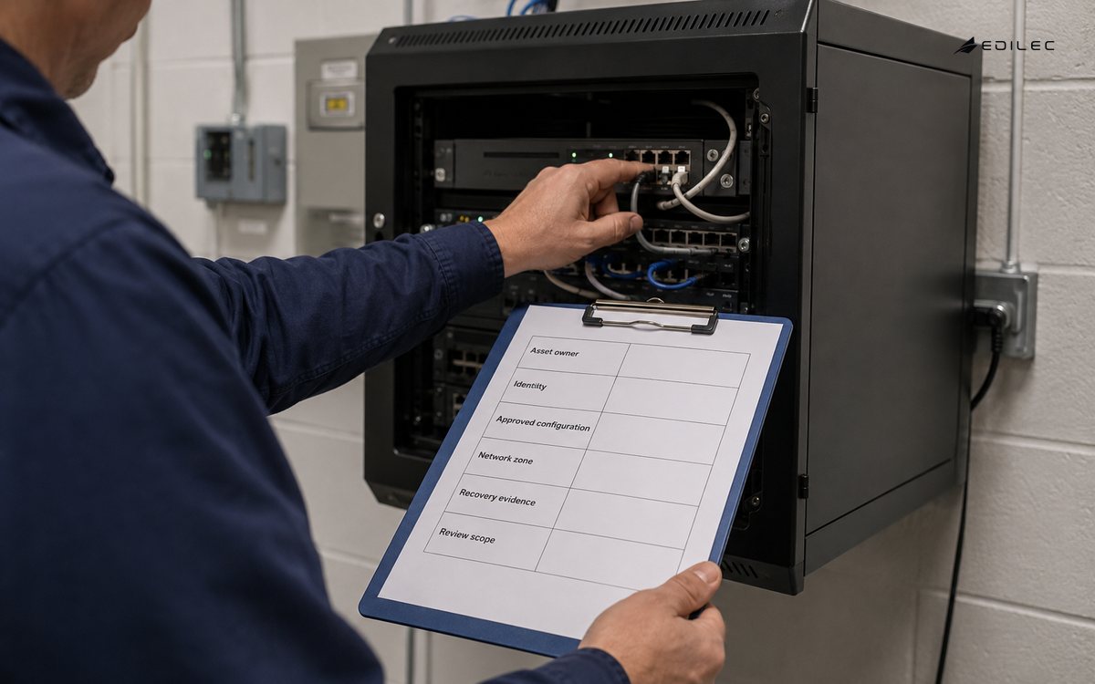 A technician checks infrastructure ownership and configuration against a review worksheet.