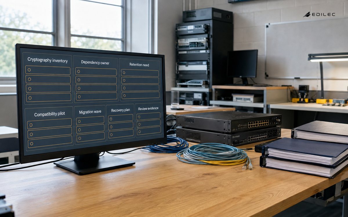 A communications test room displays cryptographic dependencies and controlled migration-planning evidence.