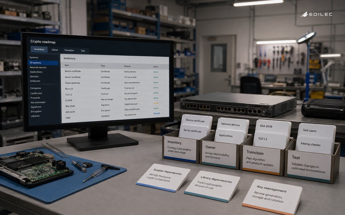 Wide photograph in a secure device-lifecycle workshop, certificate and supplier dependency inventory cards near a small monitor, diffused overhead light.