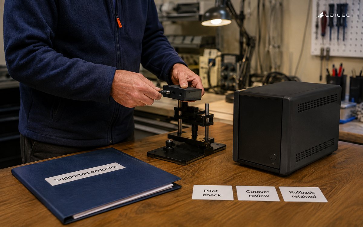 A technician connects a test endpoint beside a retained supported appliance and cutover records.