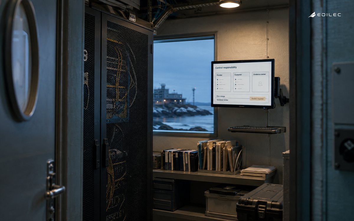 A field-station network room displays a control-responsibility and handover review.