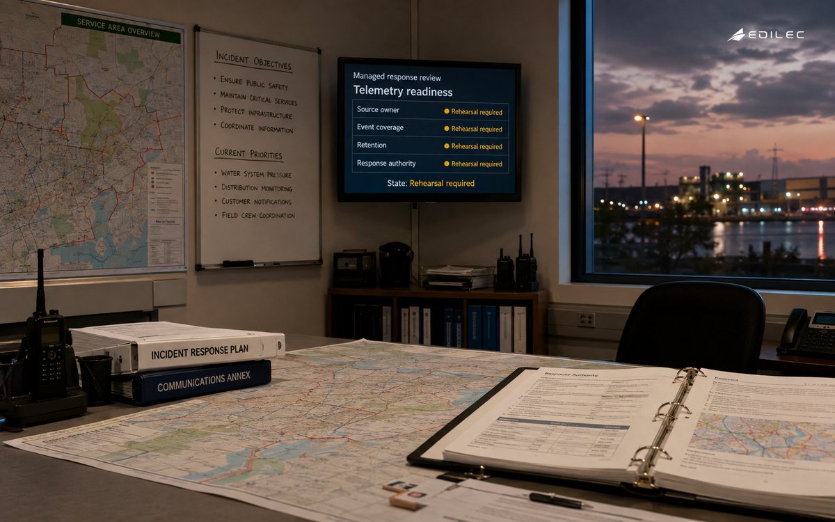 Wide photo of a public utilities incident coordination room with service maps, response binders and a small opaque mounted monitor.