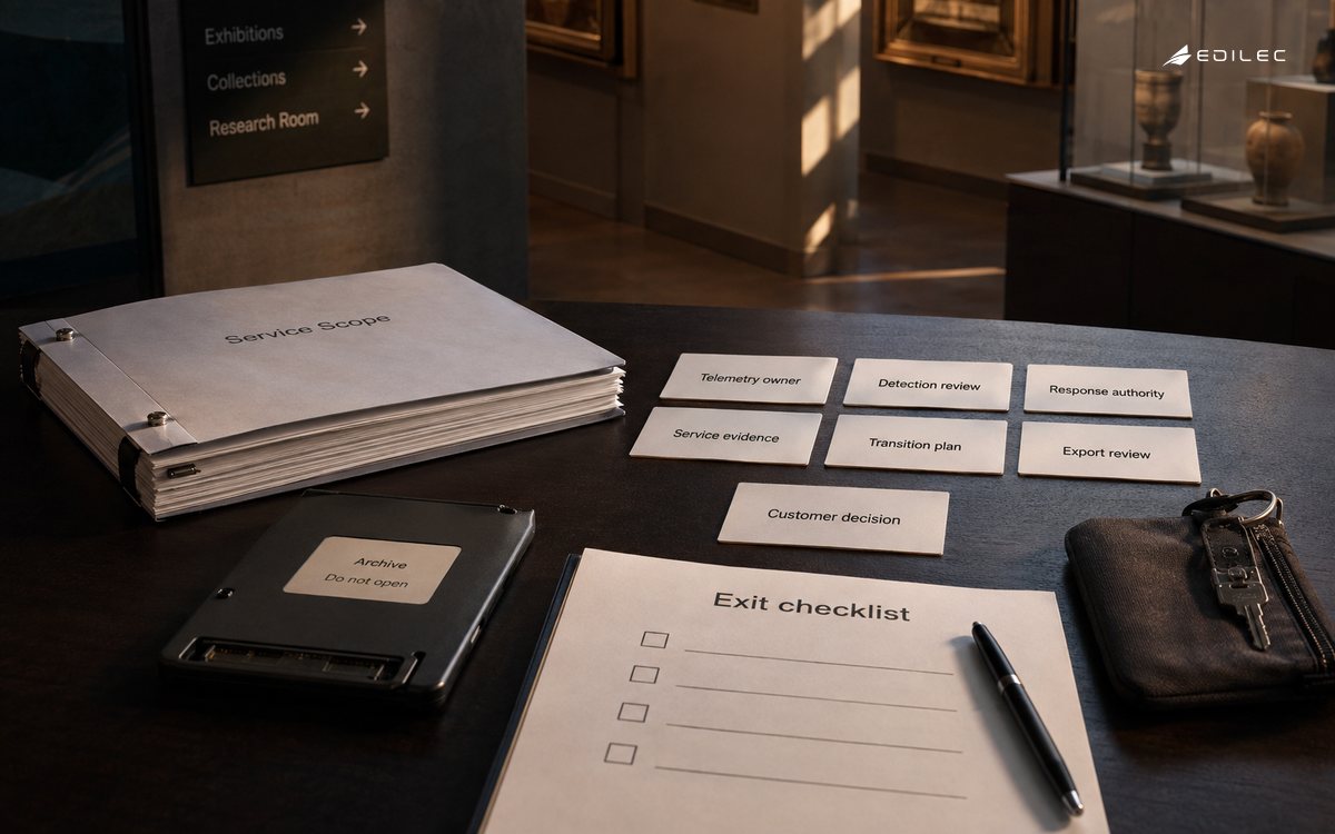A museum operations desk holds bound service scope pages, a sealed archive drive and an exit checklist arranged beside a plain key pouch.