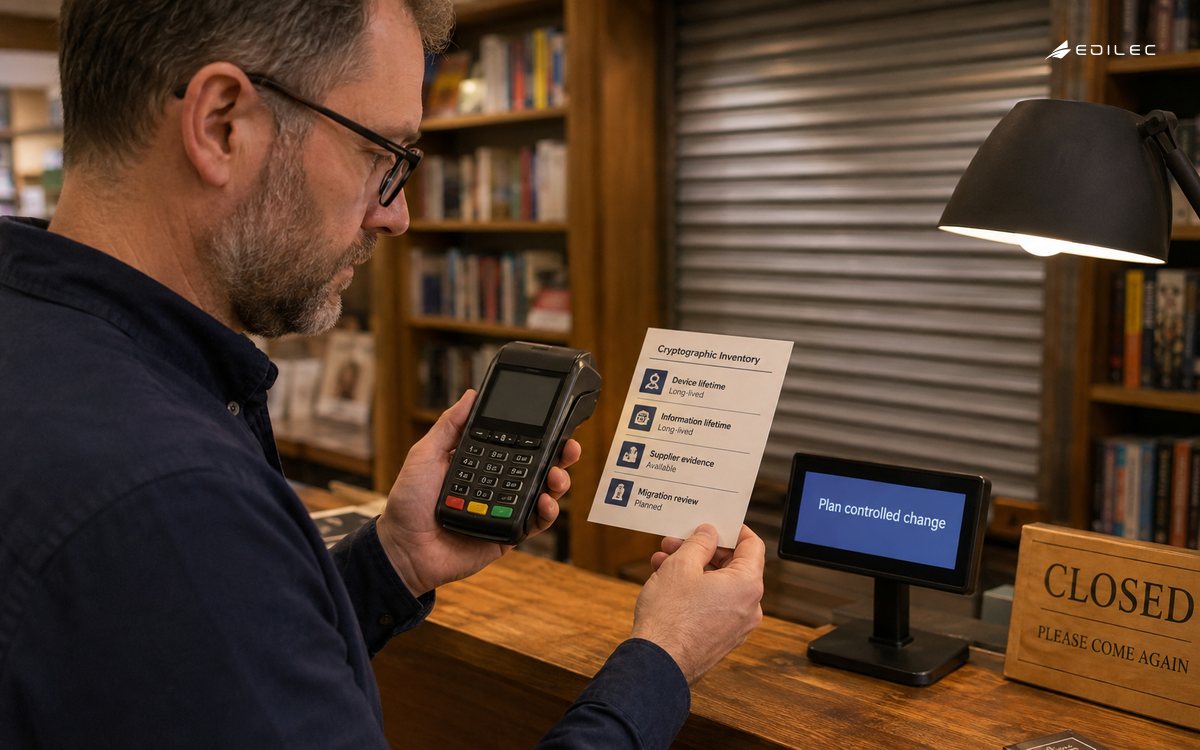 Close side photo of a standing shop technician comparing an unbranded spare payment terminal with a cryptographic inventory card at a closed bookstore till.