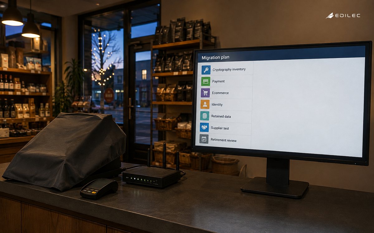 A closed neighborhood shop after hours has a covered point-of-sale terminal, a stockroom router and a supported monitor in a broad counter-level photograph.