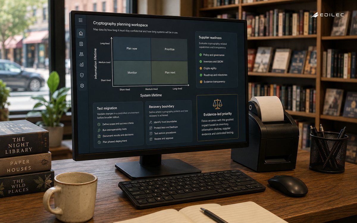 Detailed opaque LCD on a credible support at a quiet bookstore operations workstation.