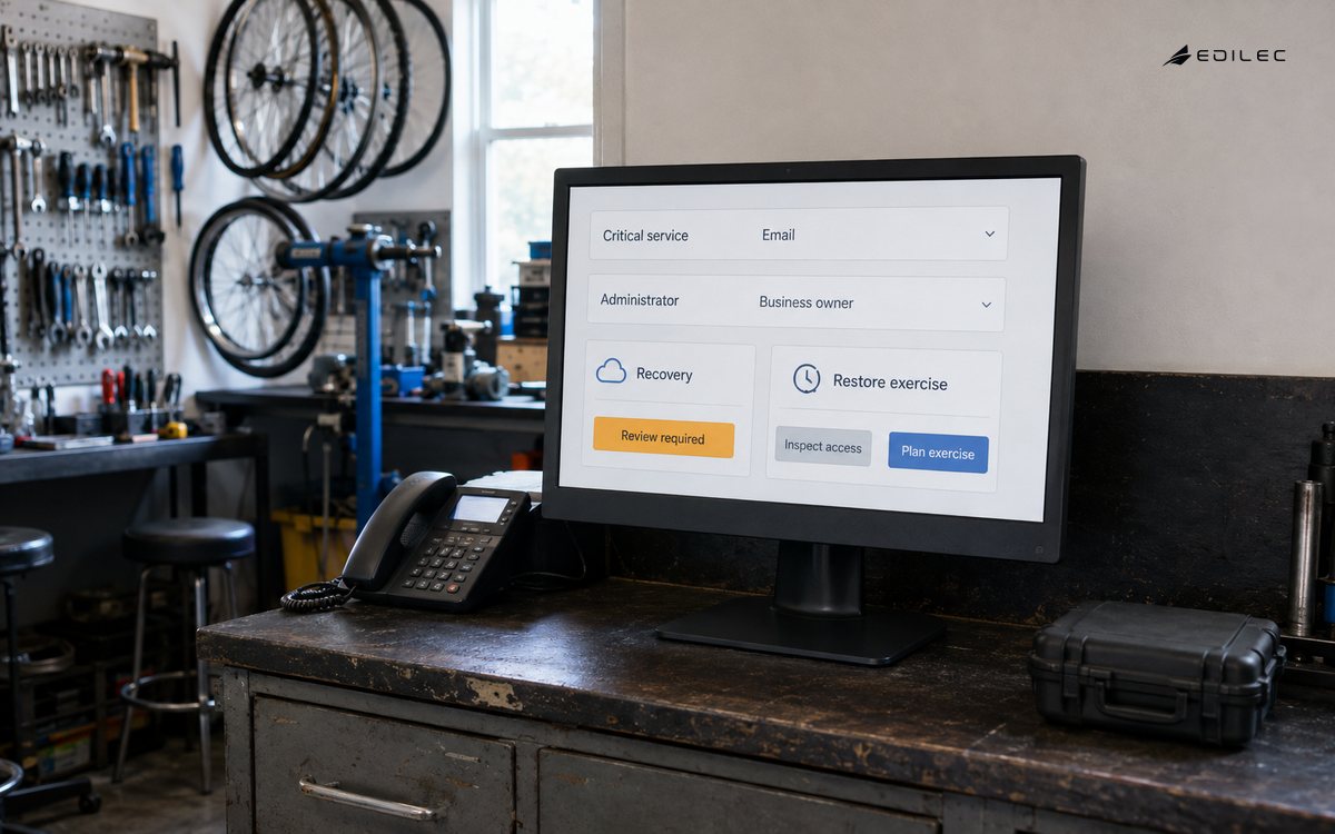 A bicycle-shop office pairs an account-recovery planning screen with a phone and backup case.