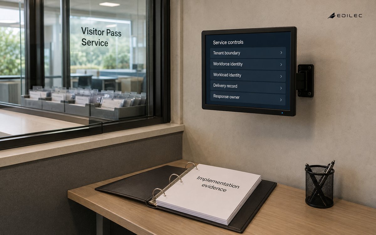 A visitor-pass operations nook relates tenant and identity boundaries to implementation evidence.