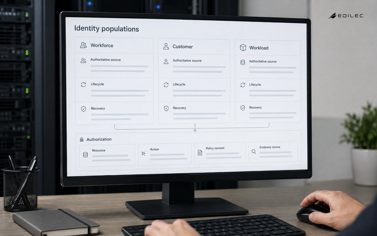 An identity interface separates workforce, customer and workload populations from resource-and-action policy.
