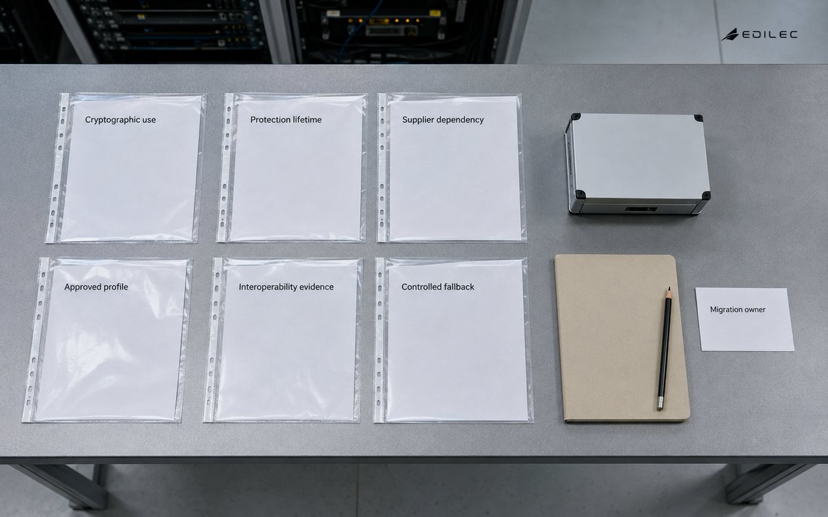 Cryptographic migration evidence is organized by purpose, protection lifetime, supplier, profile and fallback.