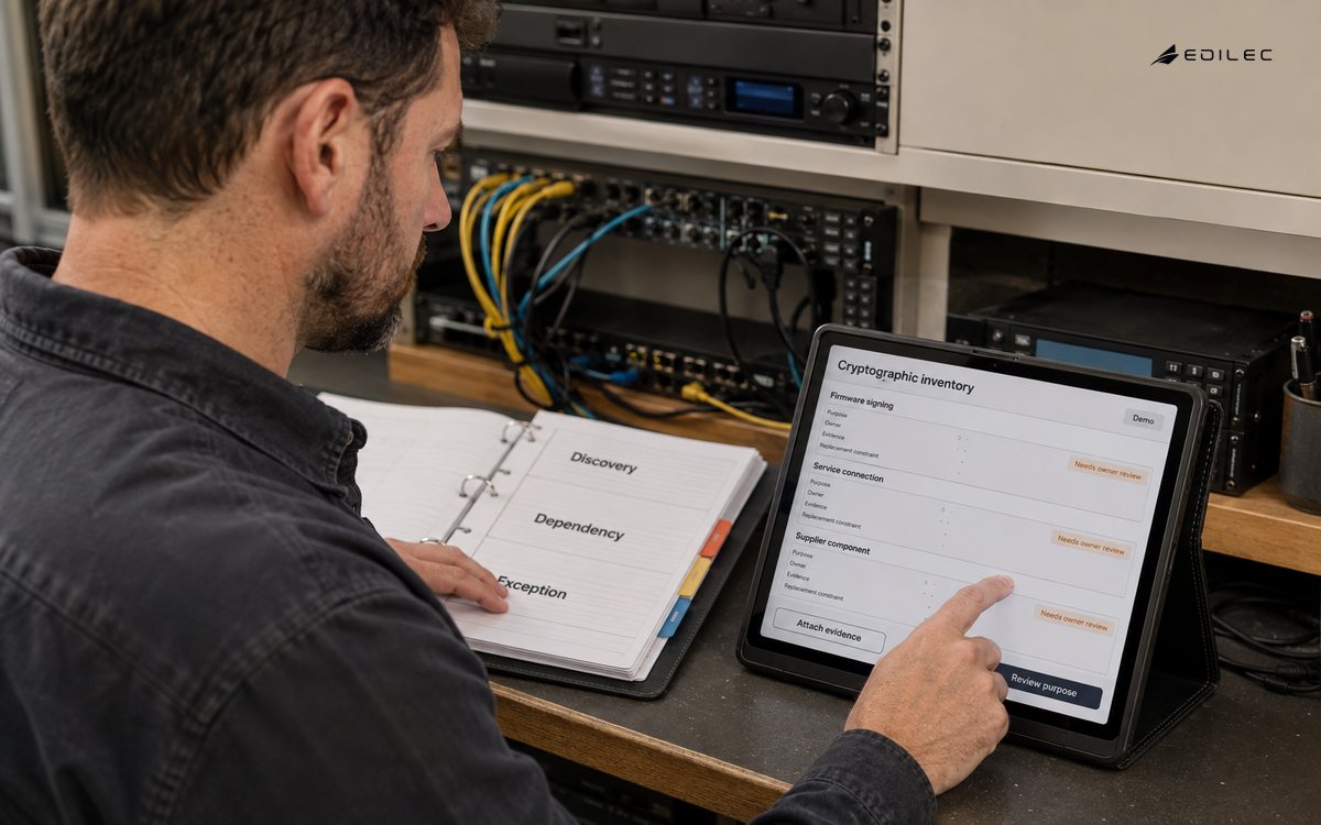 An engineer cross-checks cryptographic purpose, dependencies and ownership at an equipment maintenance bench.