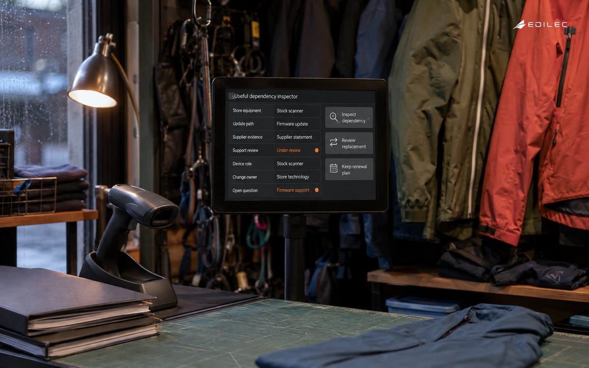 A retailer reviews a stock scanner’s supplier and update path without interrupting ongoing cryptographic maintenance.