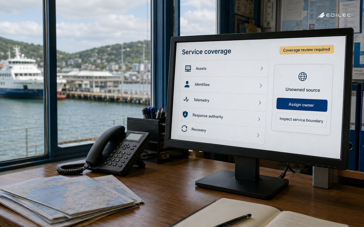 A ferry operator's office reviews security-service coverage and an unowned telemetry source.