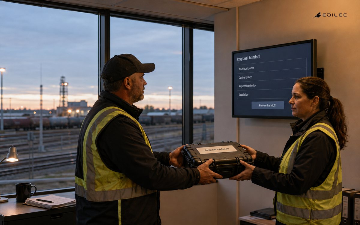 Regional coordinators hand over original evidence beside a cloud-security responsibility display.