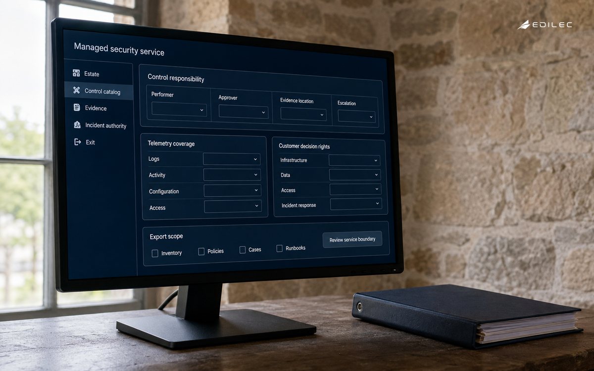 A managed-security workspace maps control ownership, evidence, customer authority and export scope.