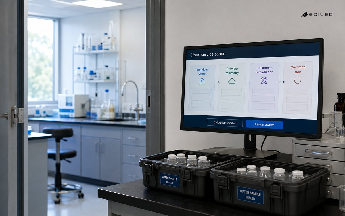 A water-testing laboratory office has a supported monitor beside sealed sample cases and a small cabinet.