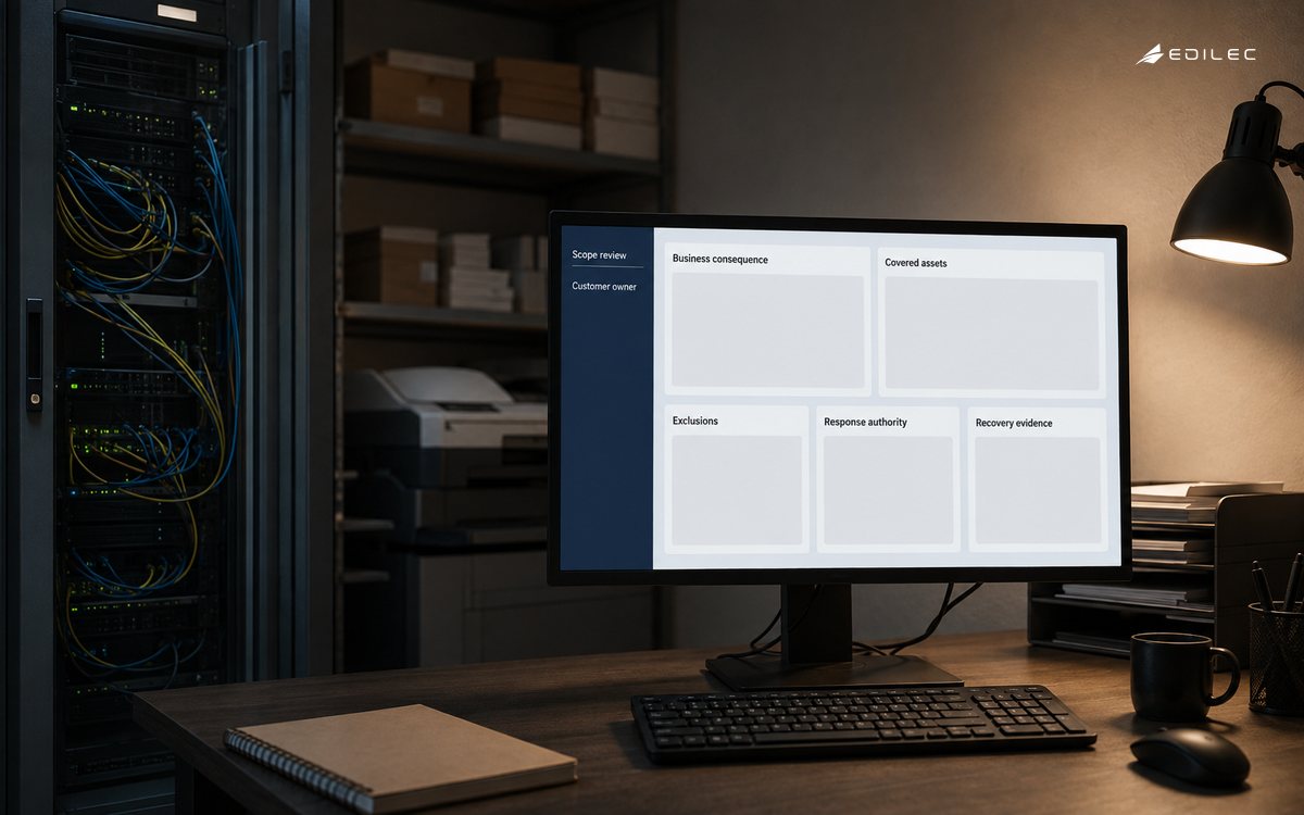 An independent print shop back office contains a security service workbook, network cabinet and monitor.