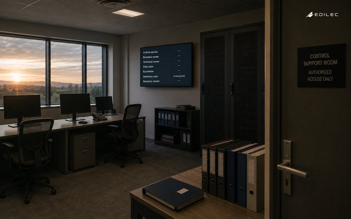 A transport support room links critical-service ownership to escalation and recovery review.