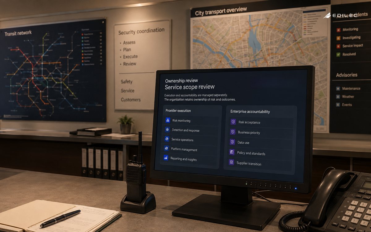 Medium wide photo of a public transport security coordination office with service maps and a modest opaque terminal on stand.