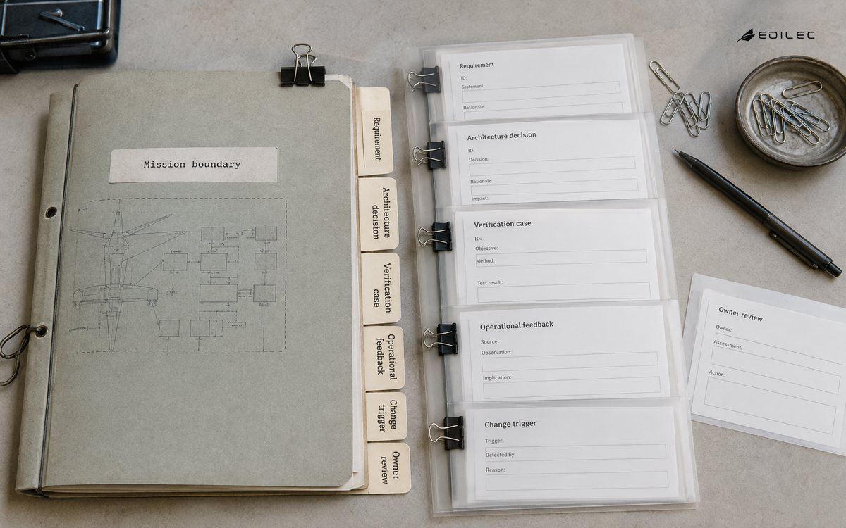 Engineering records connect a mission boundary to verification and operational change review.