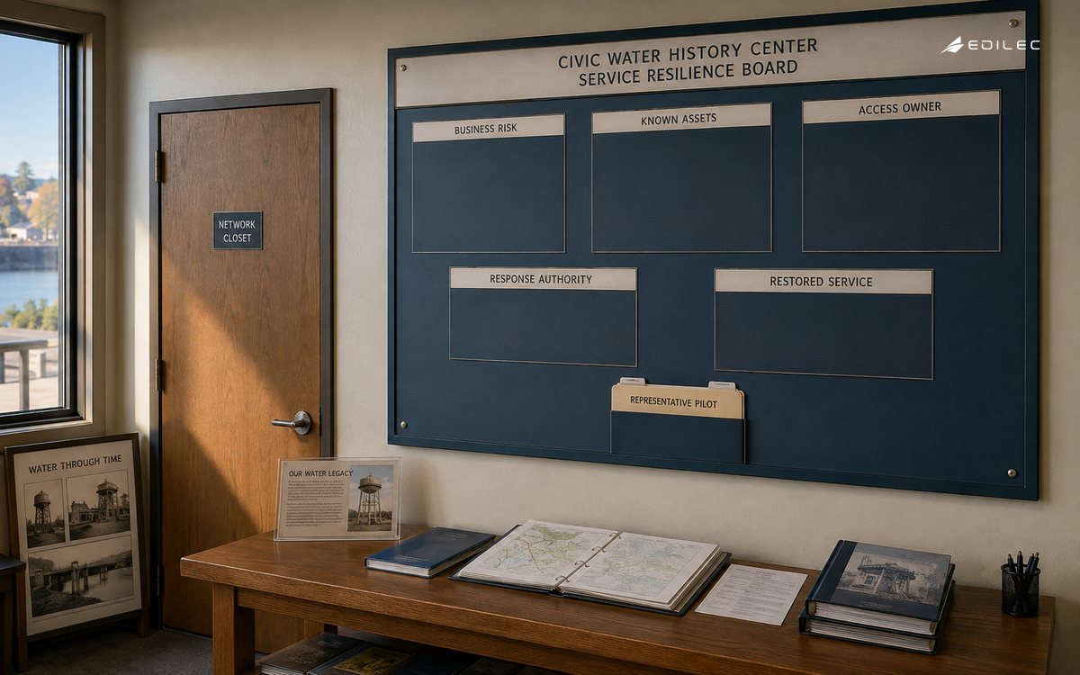 A service-evidence board connects business risk with access, response authority and restored operation.
