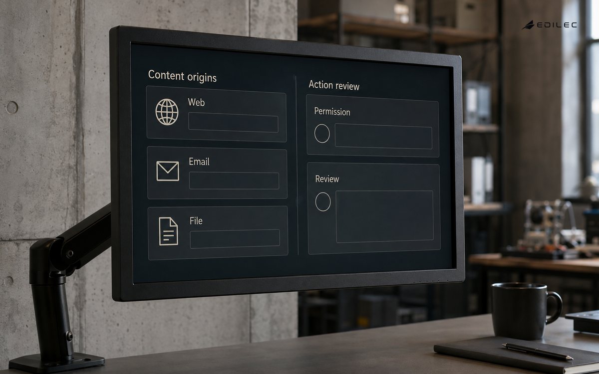 An origin-aware agent review screen separates external content from action permission.