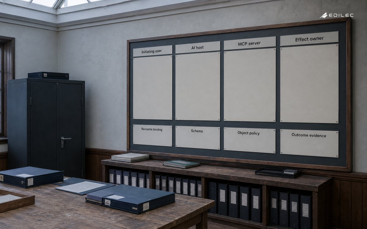 An integration review board traces initiating identity through an MCP server to the authoritative effect owner.