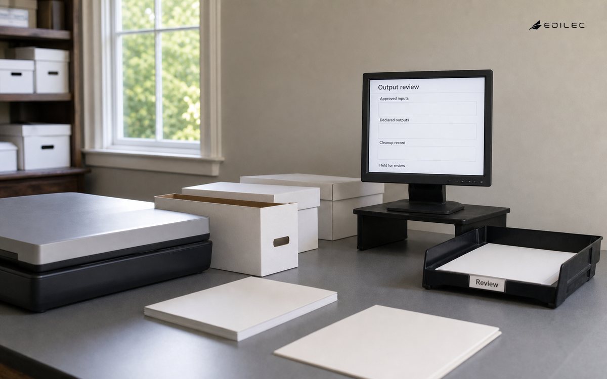 A document-digitization room shows an output review with declared artifacts and cleanup evidence.