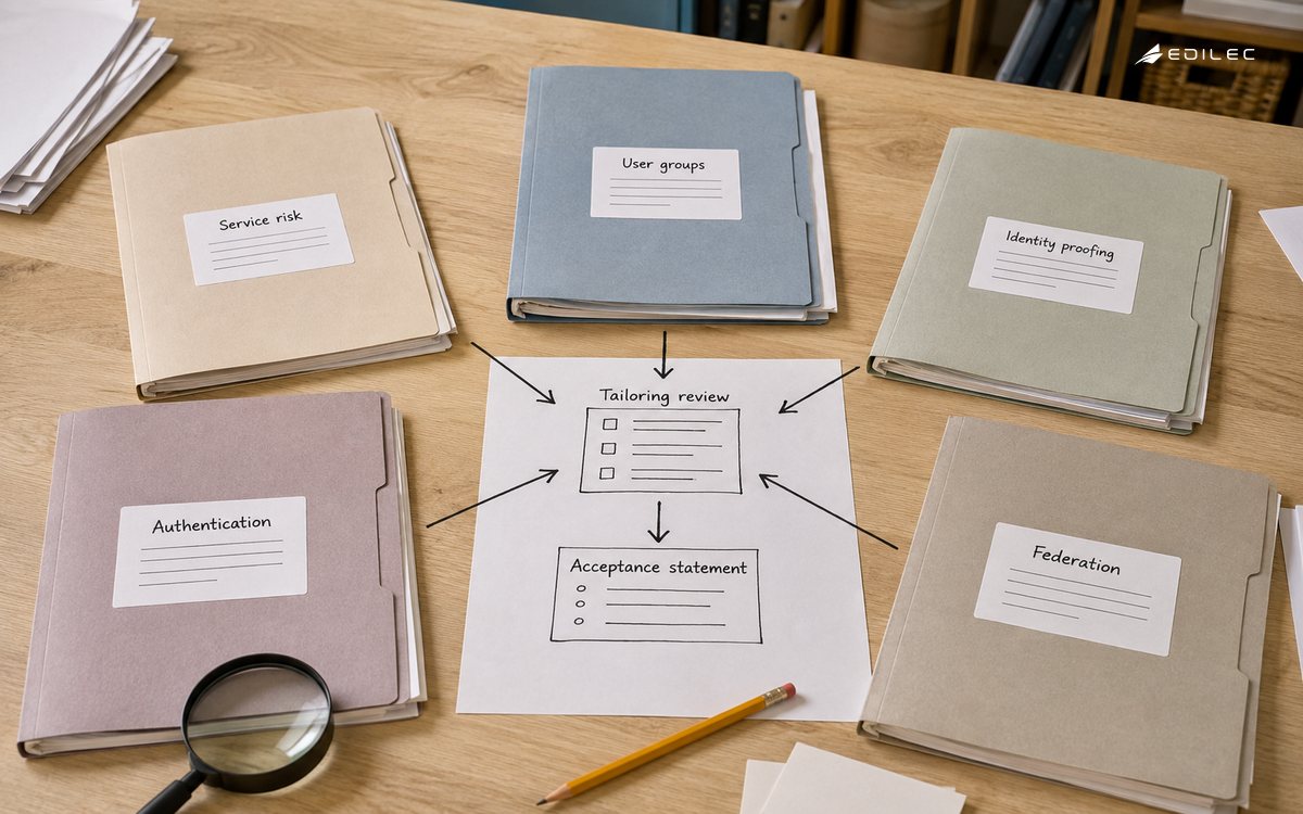 Separate assurance folders connect to a service-specific tailoring and acceptance review.