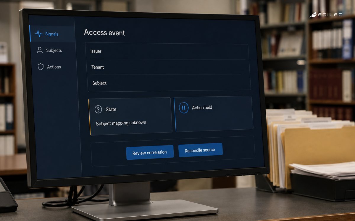 An access-signal console holds action while issuer, tenant and subject correlation are unresolved.