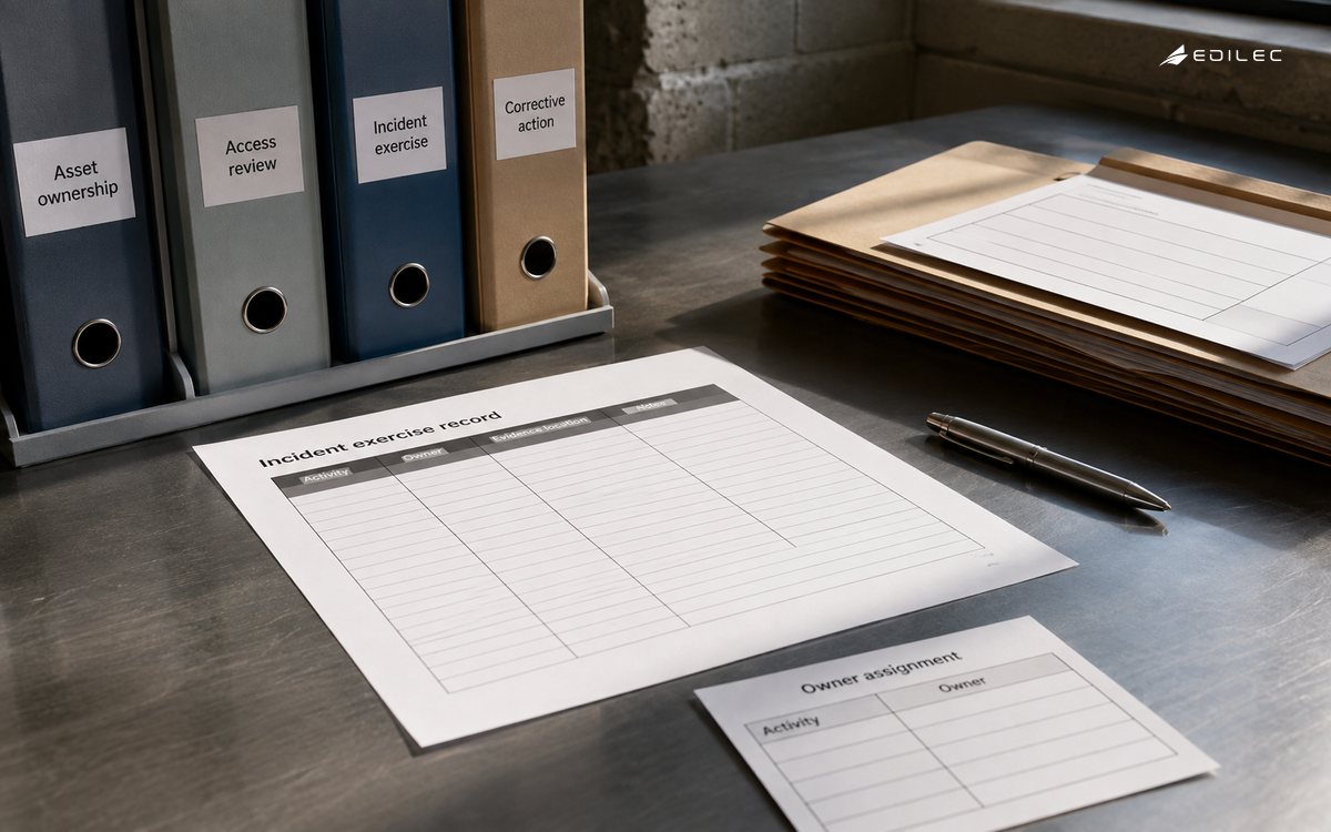 Exercise records and folders connect operational controls to owners and corrective actions.