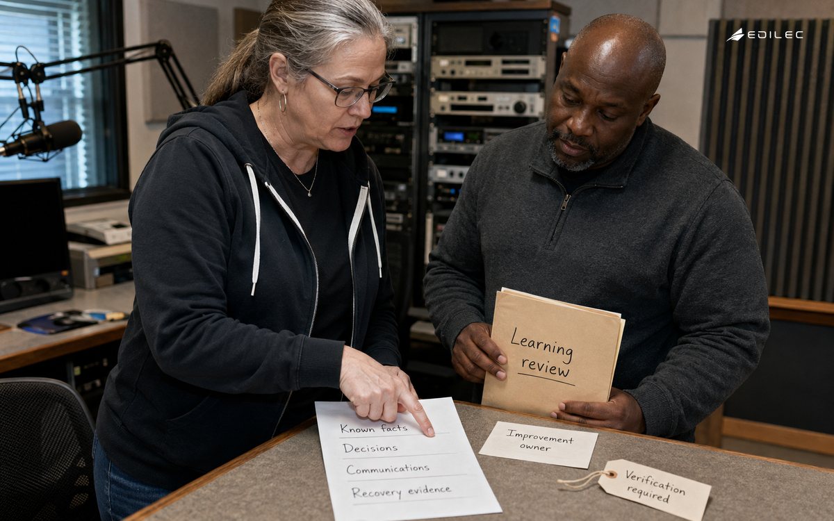 Radio operations colleagues turn incident evidence and recovery review into an owned improvement record.